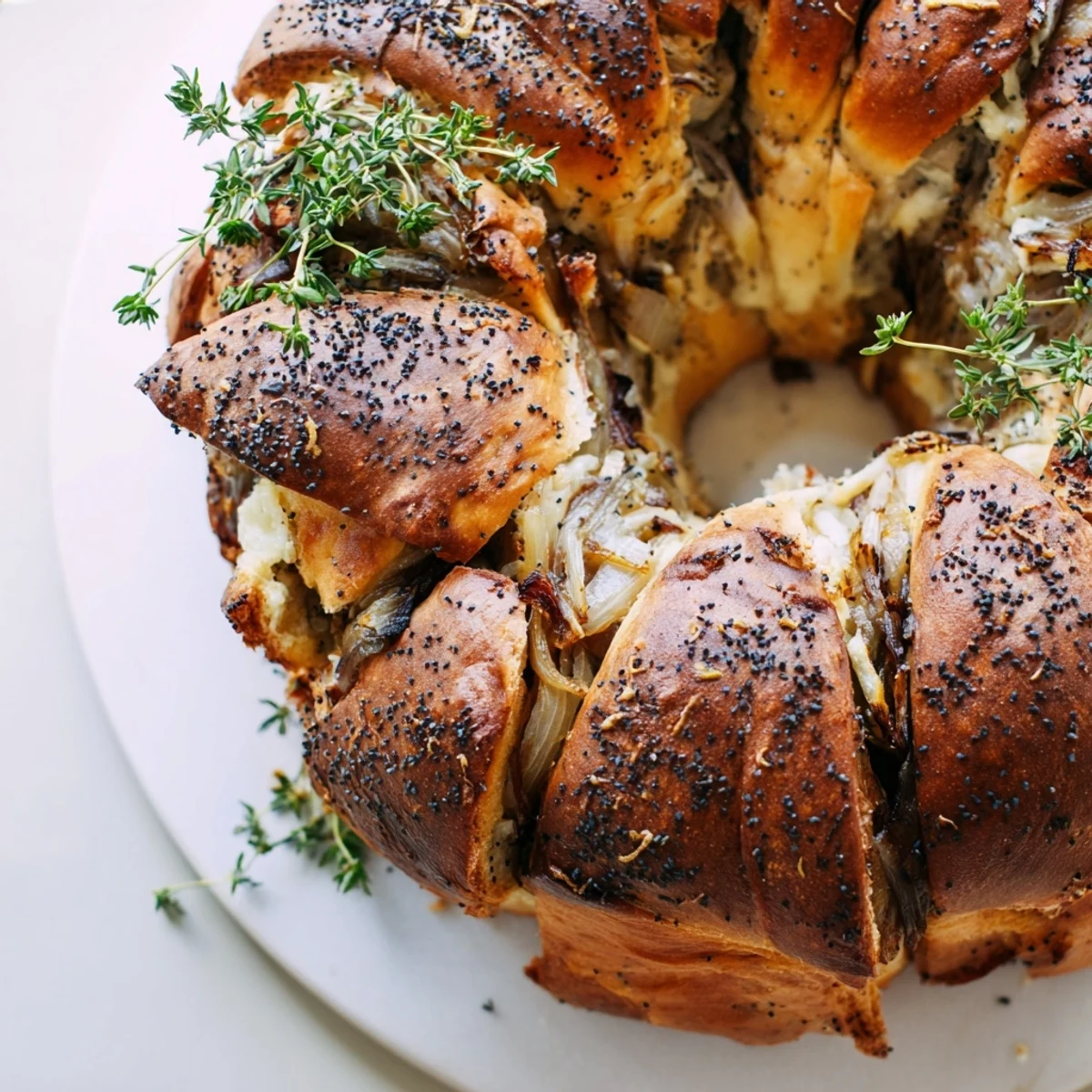 Festive bread wreath on serving board topped with fresh thyme and golden baked twisted cheese-filled segments