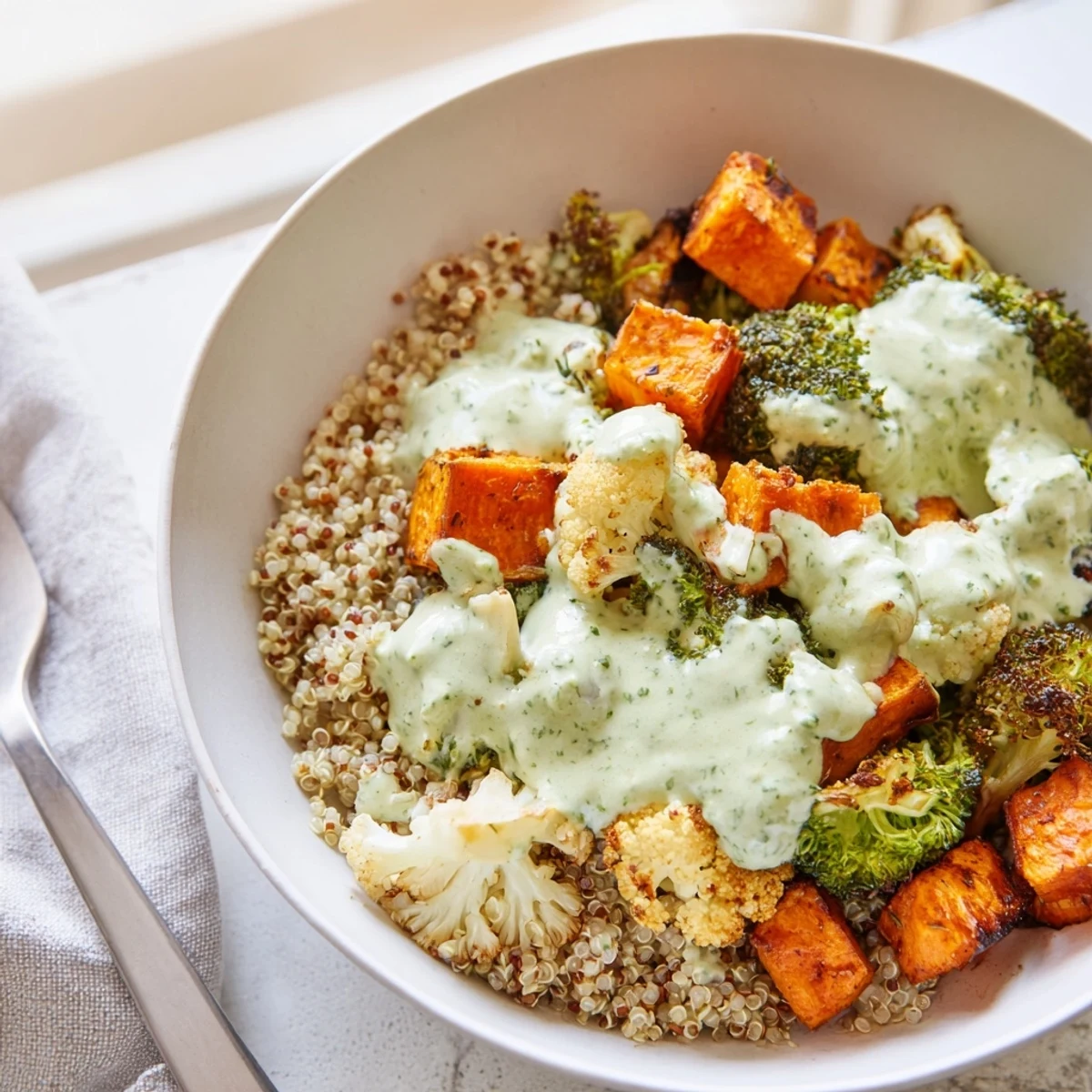 Colorful healthy green goddess veggie bowl drizzled with creamy herb dressing over roasted vegetables