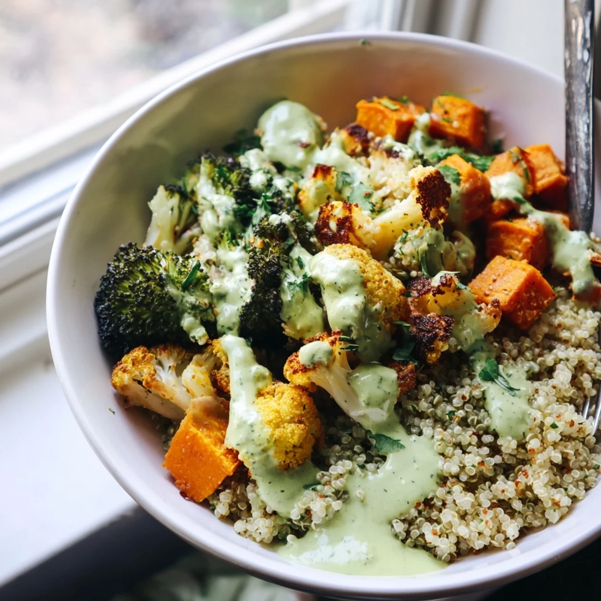 Nutritious green goddess veggie bowl arranged with fresh greens avocado and quinoa topped with dressing