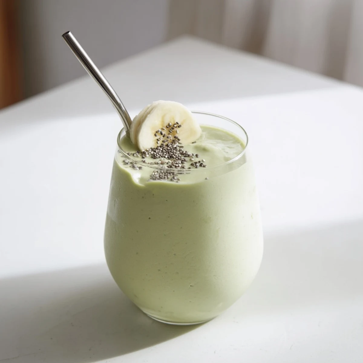 Creamy Greek yogurt avocado smoothie poured into a tall glass with fresh lime garnish