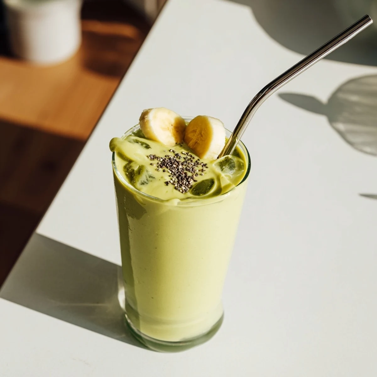 Thick green Greek yogurt avocado smoothie blending banana and honey for a nutritious breakfast