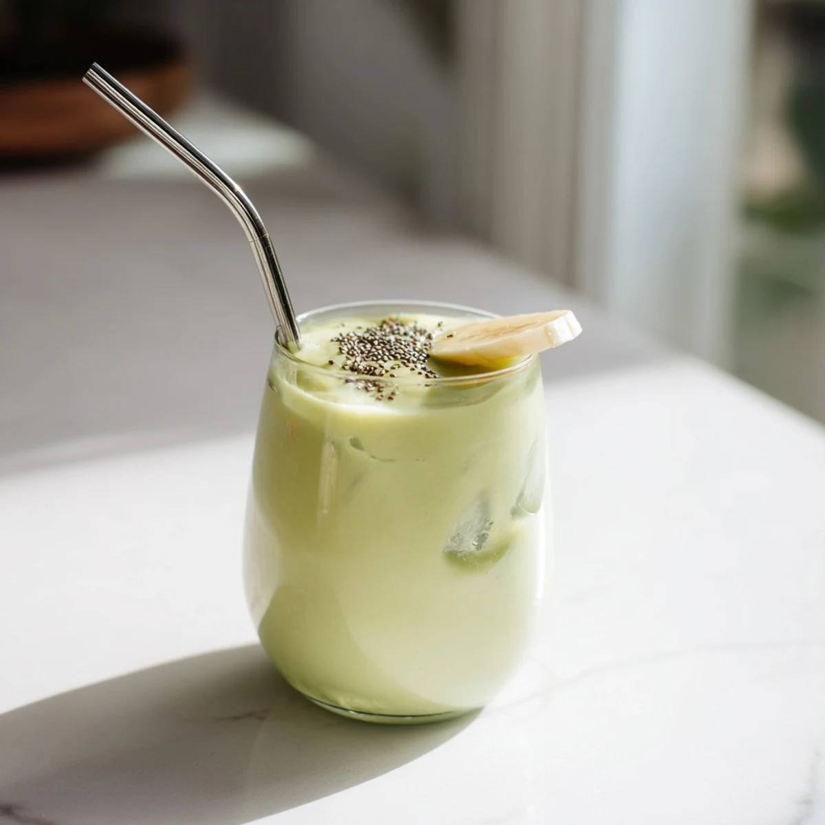 Refreshing Greek yogurt avocado smoothie topped with chia seeds and sliced fruit on wooden table