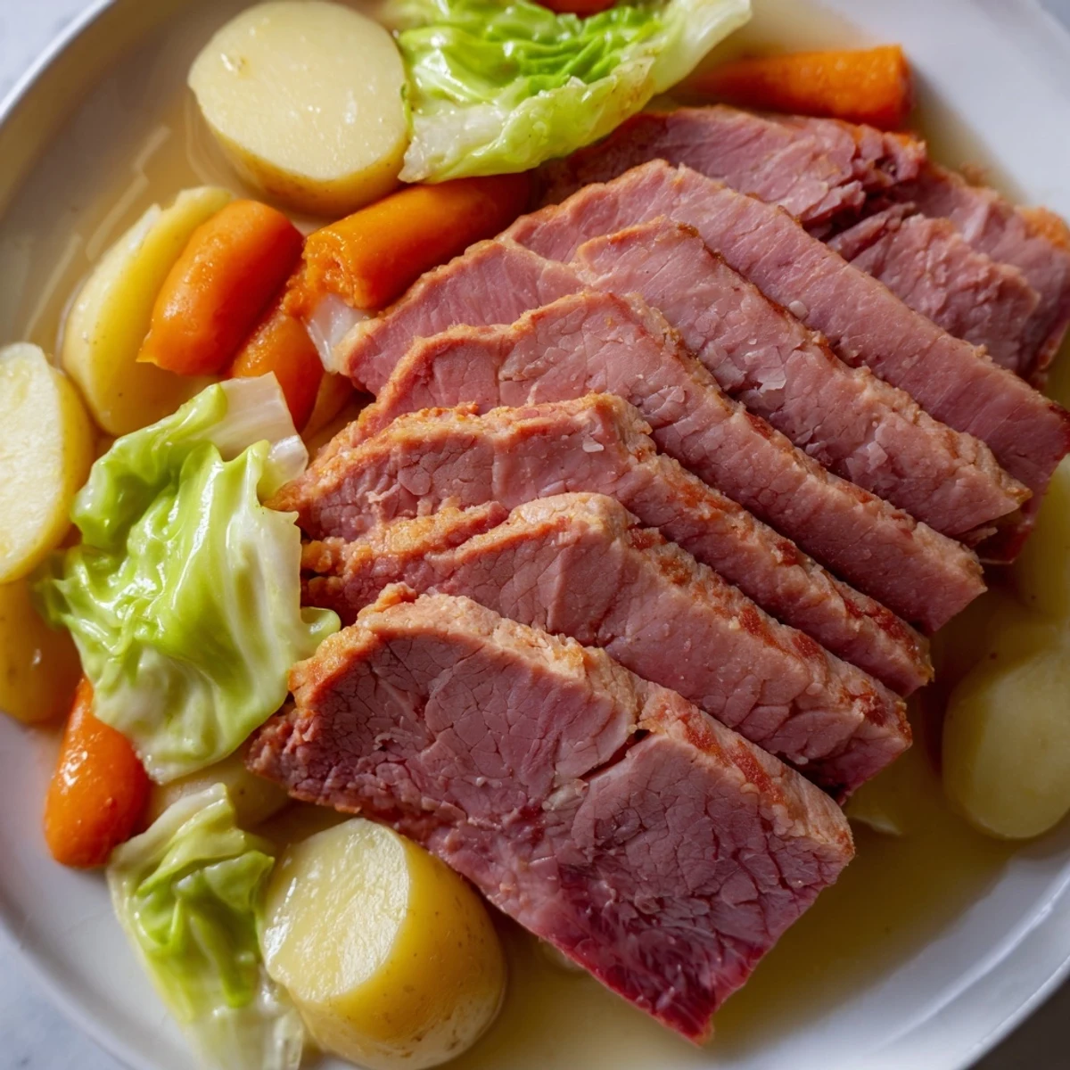 Fork-tender corned beef brisket served alongside buttery cabbage wedges, roasted carrots, and golden Yukon Gold potatoes