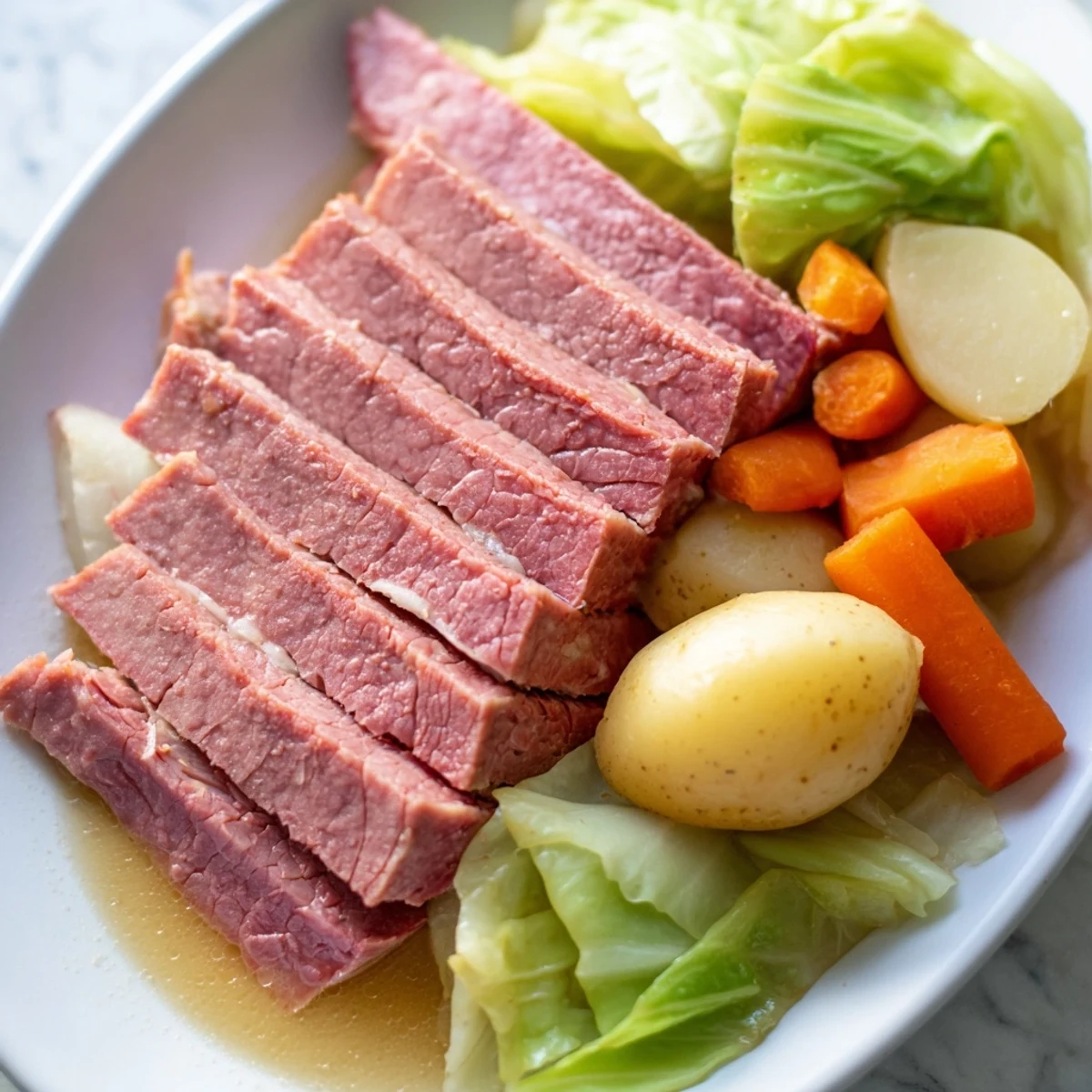 Slow cooker corned beef cabbage with tender brisket, carrots, potatoes, and steaming broth in a rustic ceramic pot