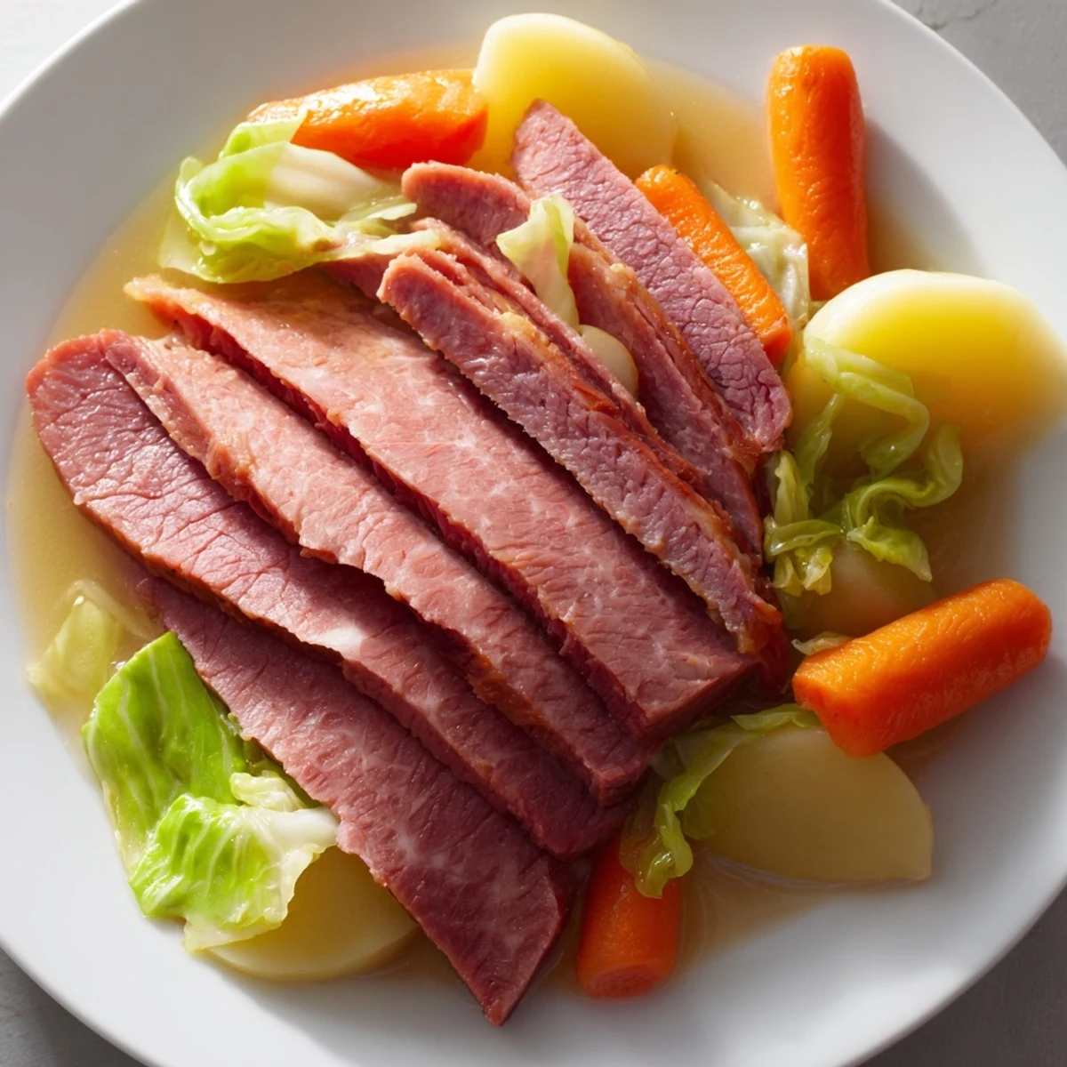 Hearty corned beef and cabbage slow-cooked to perfection, garnished with fresh parsley and served family-style