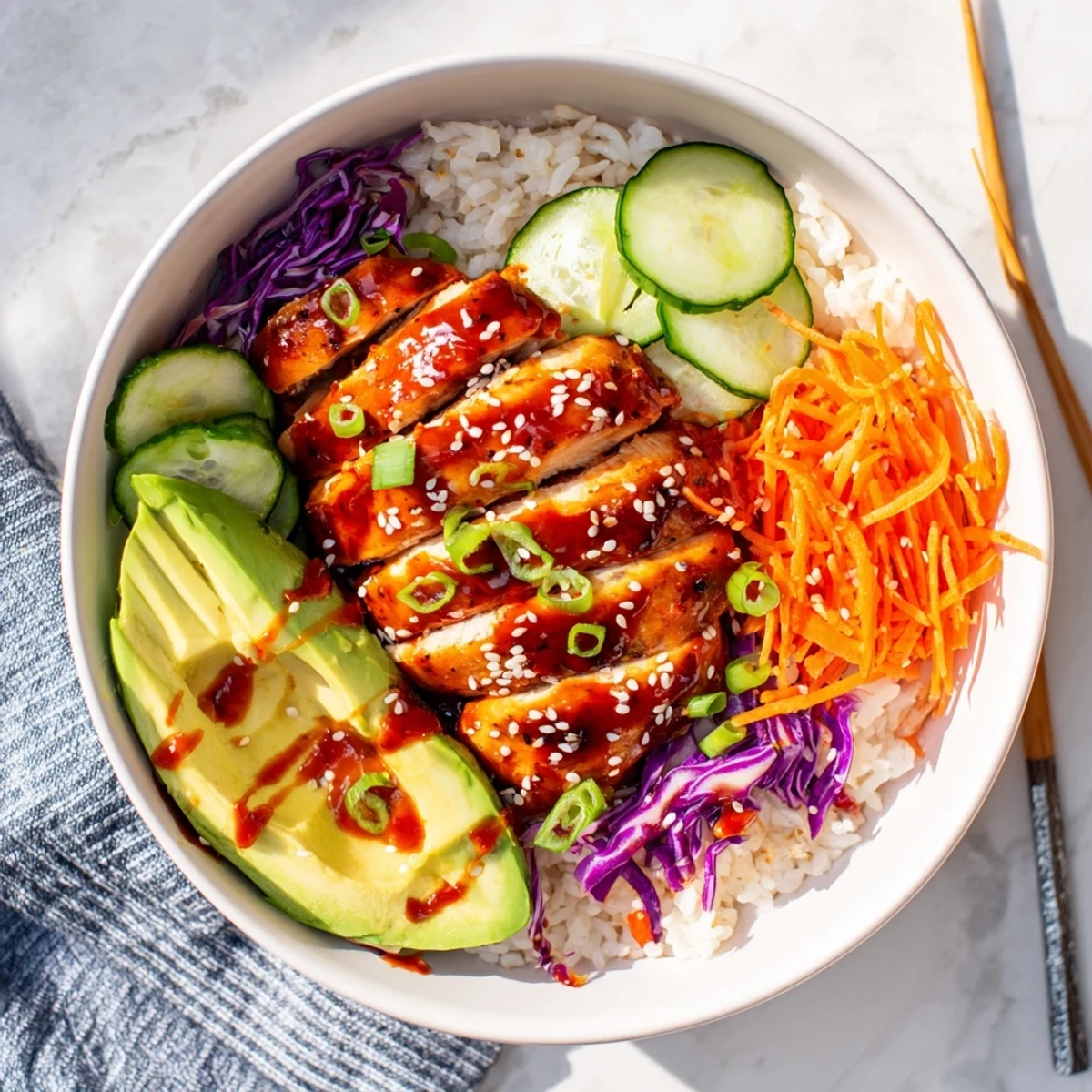 Golden grilled Korean BBQ chicken bowls with colorful vegetables over fluffy white rice