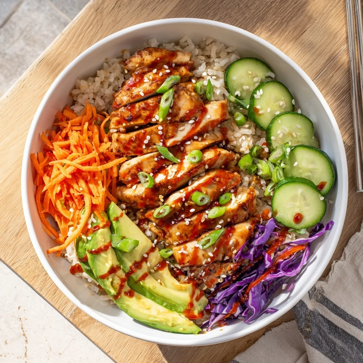 Sliced Korean BBQ chicken atop rice with carrots, cucumber, cabbage, and spicy gochujang mayo