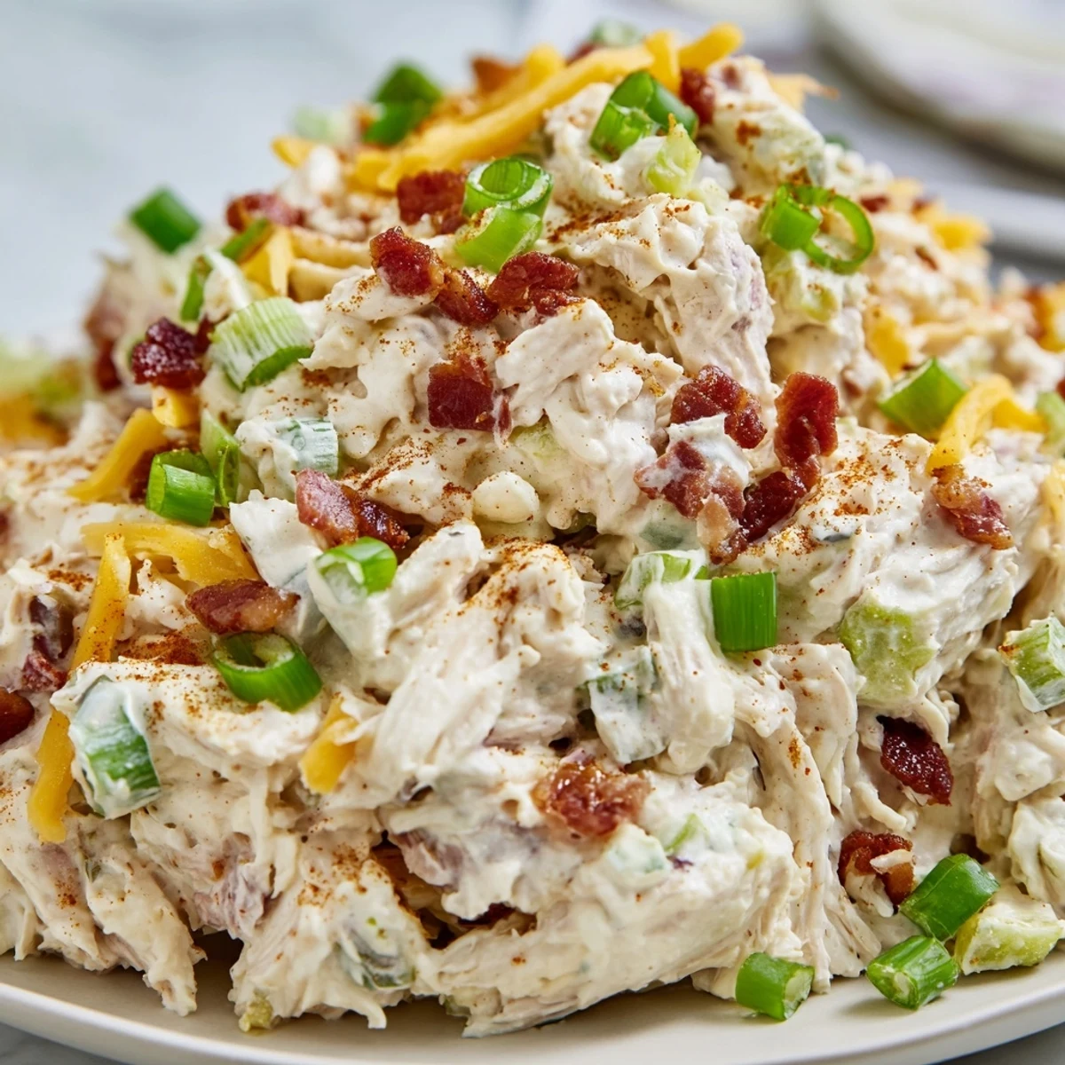 Creamy jalapeno popper keto chicken salad topped with crispy bacon crumbles and fresh chopped green onions