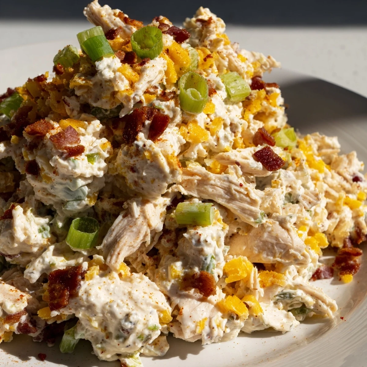 Bowl of jalapeno popper keto chicken salad featuring diced chicken, cheddar cheese, and diced jalapenos