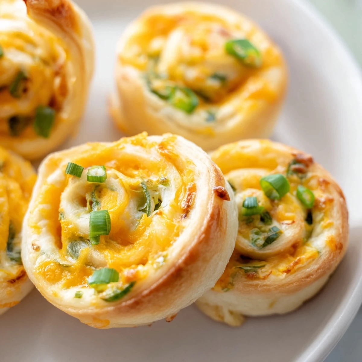 Close-up of spiral sliced jalapeno popper pinwheels showing creamy cheddar cheese filling and bits of green jalapeño