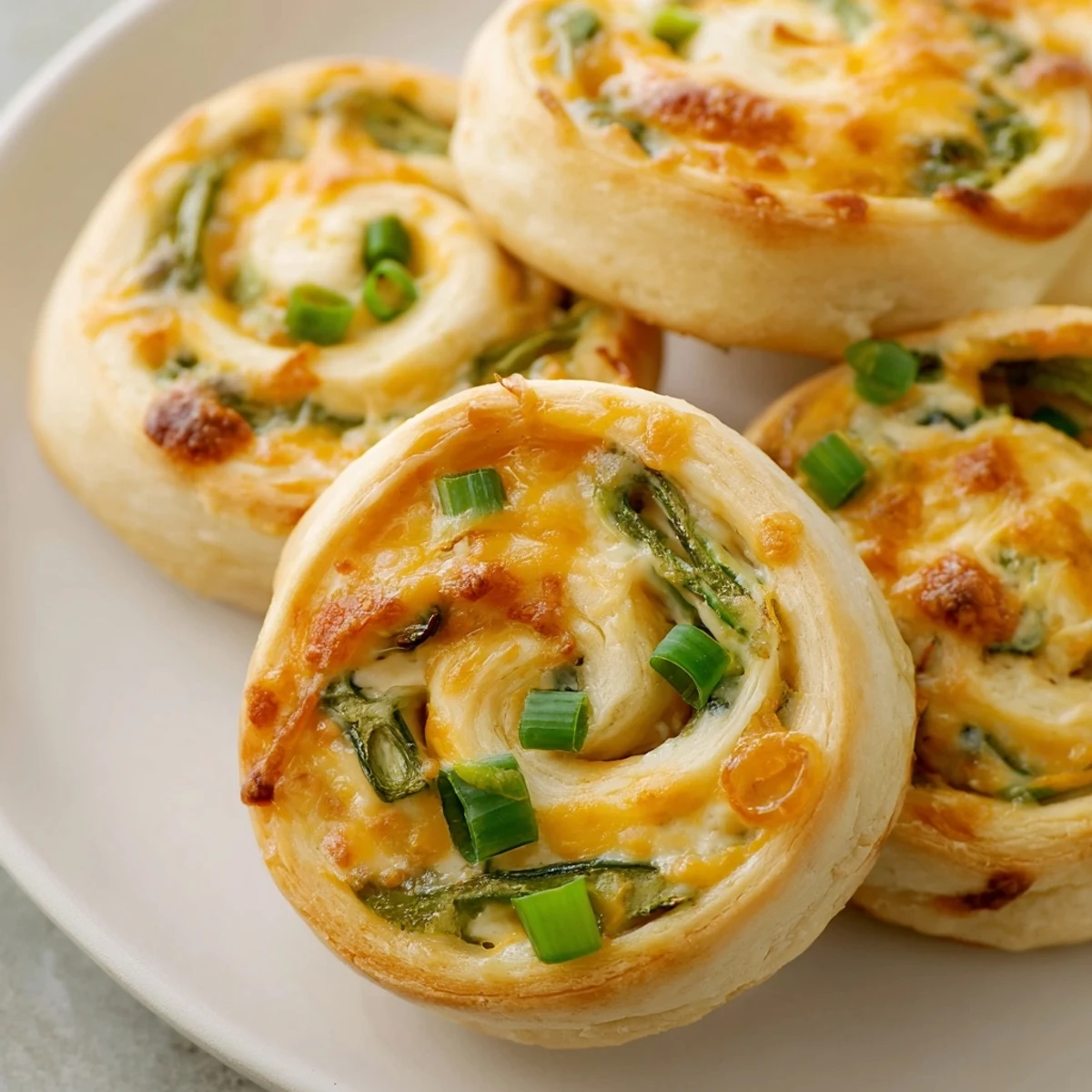 Warm spiral appetizers with melted cheese and diced peppers, cut into bite-sized rounds for party serving