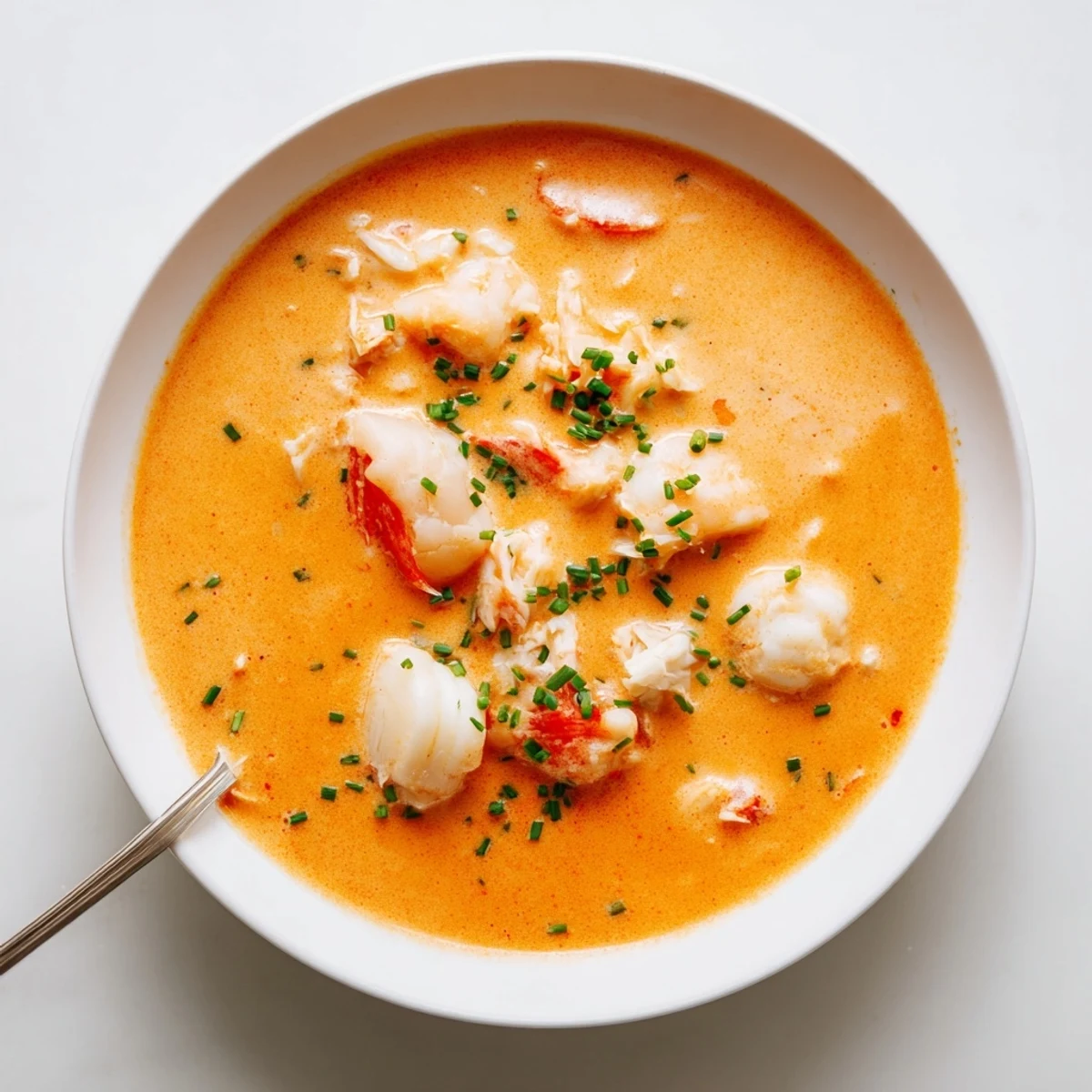 Creamy seafood bisque featuring tender shrimp and crab in a smooth velvety orange-red broth garnished with fresh herbs