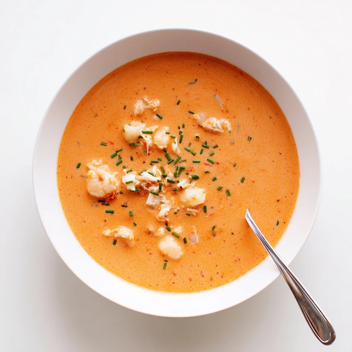 Elegant homemade seafood bisque served piping hot with chopped chives alongside crusty French bread for dipping