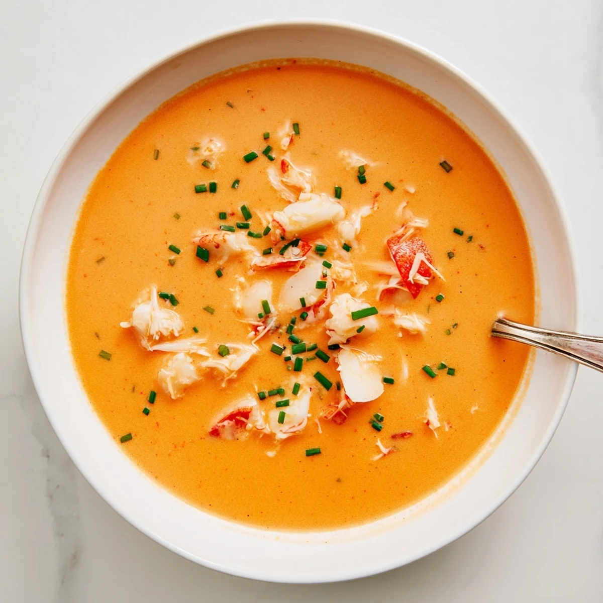 Classic French seafood bisque soup bowl filled with plump scallops and shrimp in a rich tomato-tinged cream base