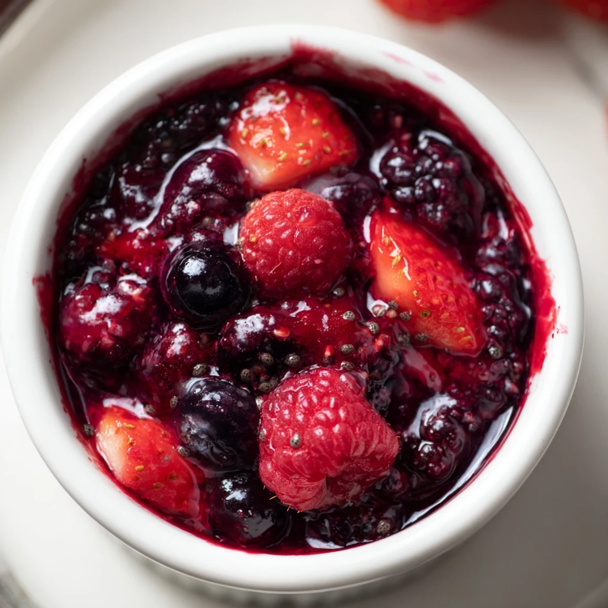 Spoonful of vibrant red easy berry chia seed jam on rustic wooden board
