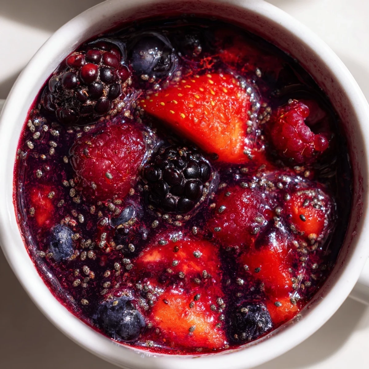 Easy berry chia seed jam in glass jar with mixed berries and spoon