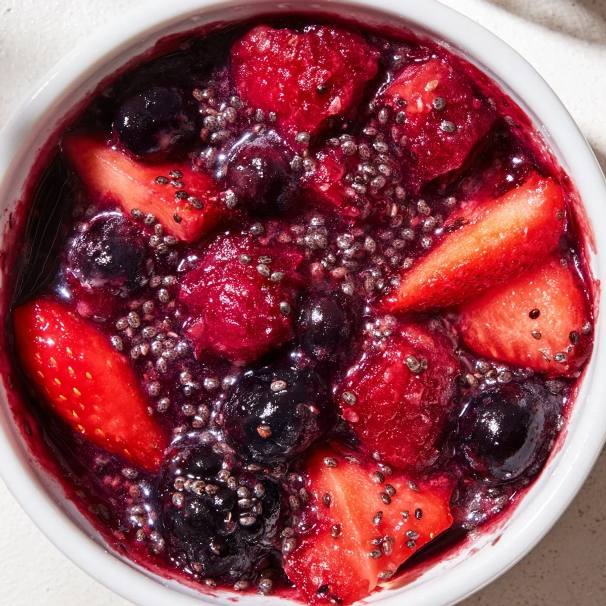 Glass jar filled with easy berry chia seed jam topped with fresh berries