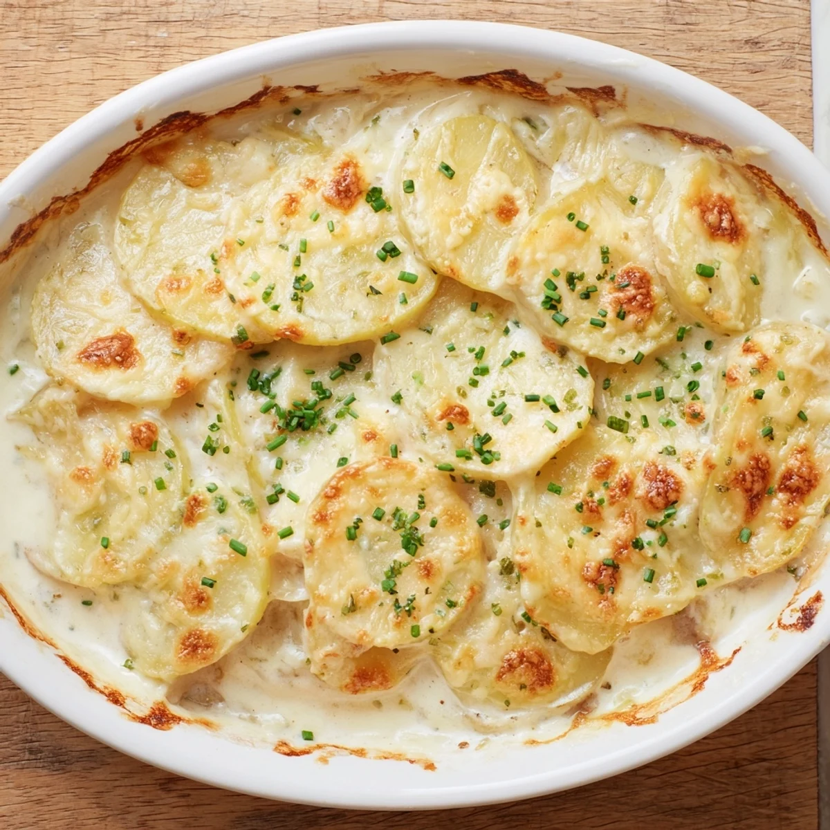 Golden cheesy potatoes au gratin with bubbling Gruyère topping and tender layered slices