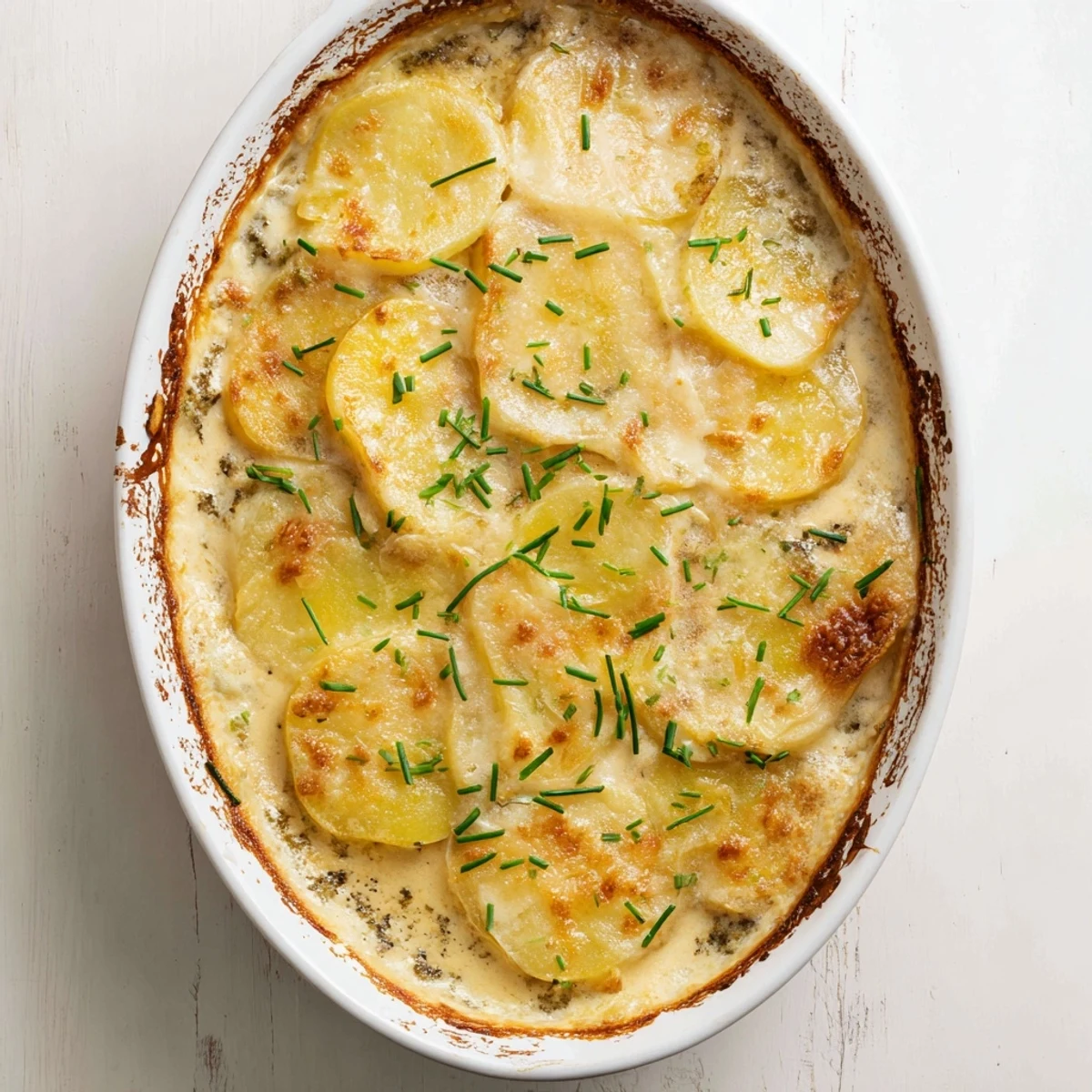 Creamy potatoes au gratin baked until golden brown with melted Gruyère cheese