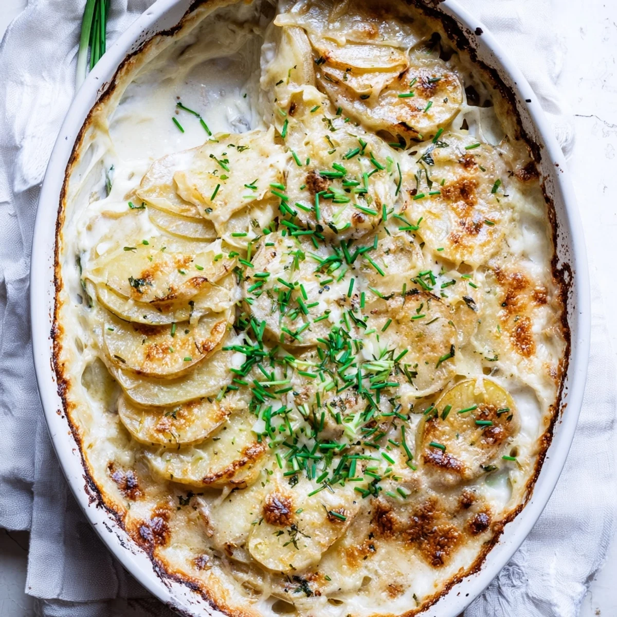 French-style potatoes au gratin featuring rich layers of cream and nutmeg-spiced Gruyère