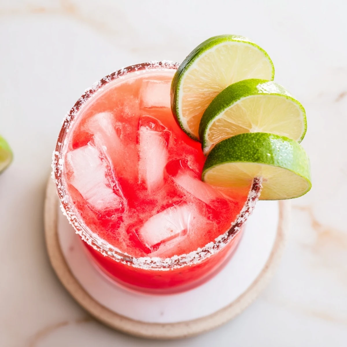Garnished watermelon margarita mocktail with fresh lime wedges and ice cubes in salt-rimmed glass