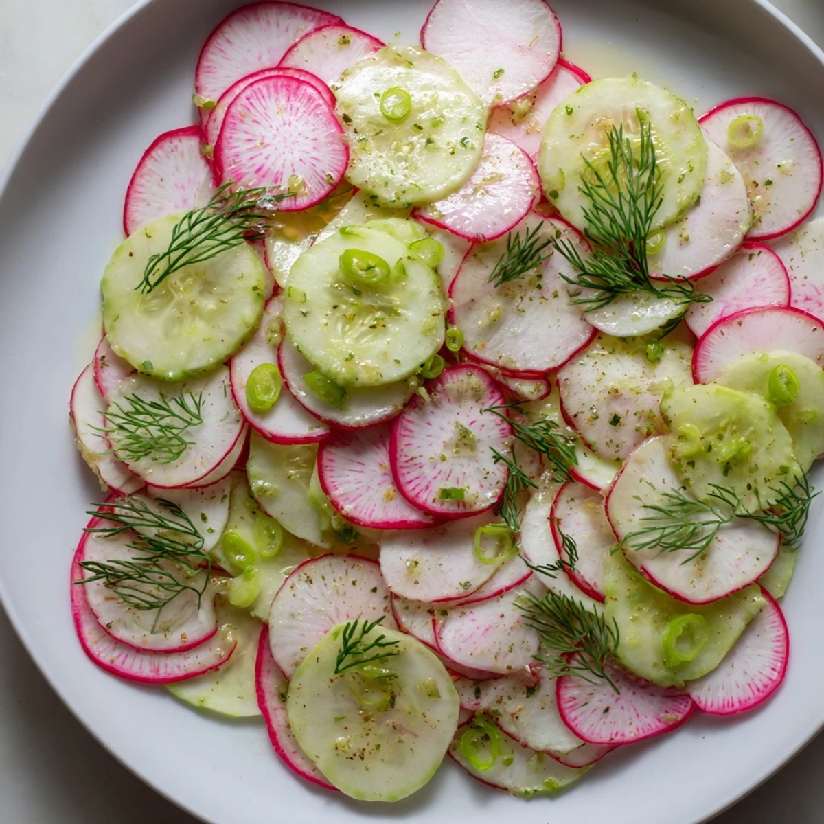Fresh radish and cucumber salad tossed with vibrant dill in a light lemon dressing