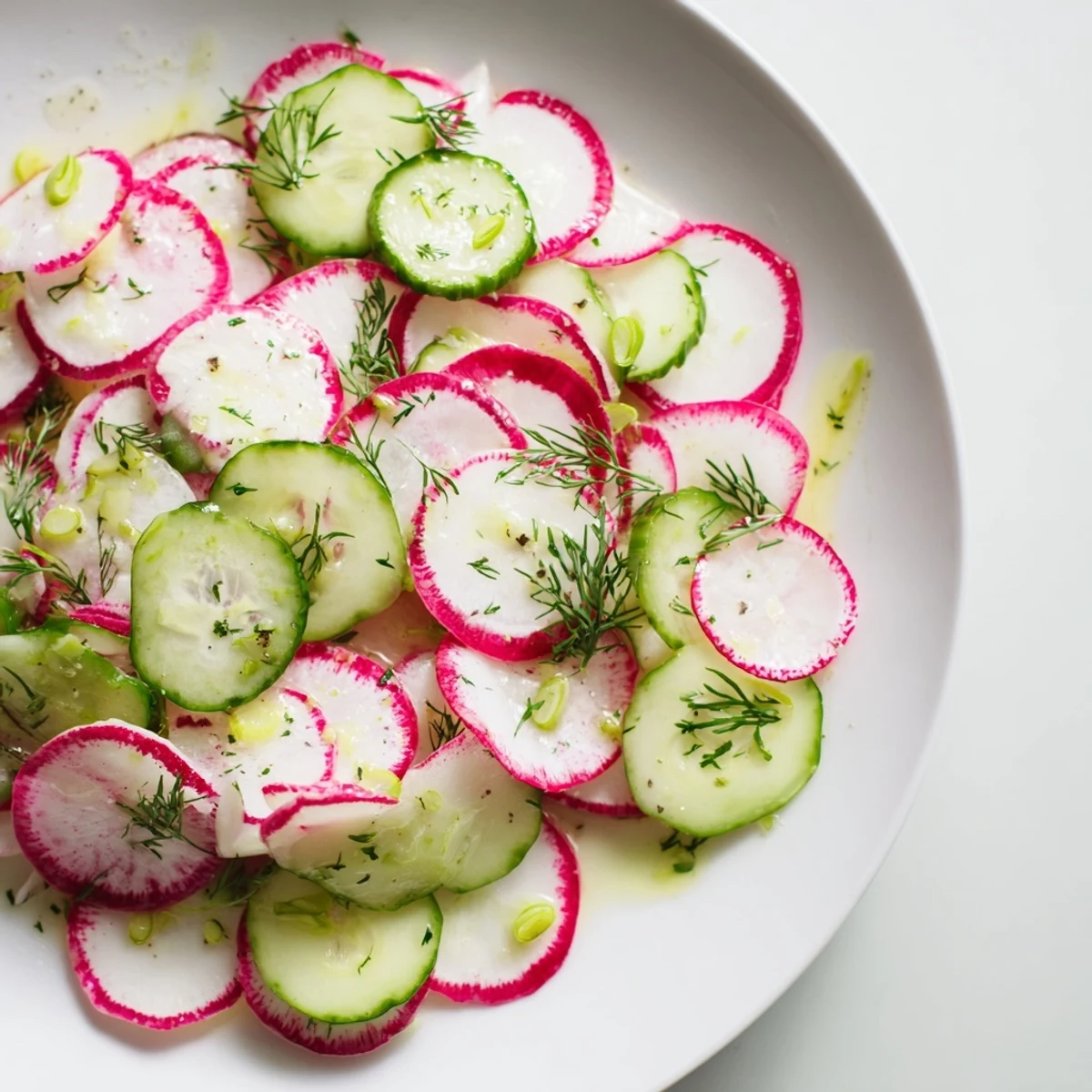 Colorful bowl of radish and cucumber salad with green onions and fresh herbs ready to serve