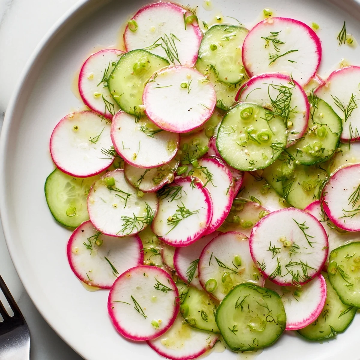 Crisp radish and cucumber salad featuring thinly sliced vegetables drizzled with tangy olive oil dressing