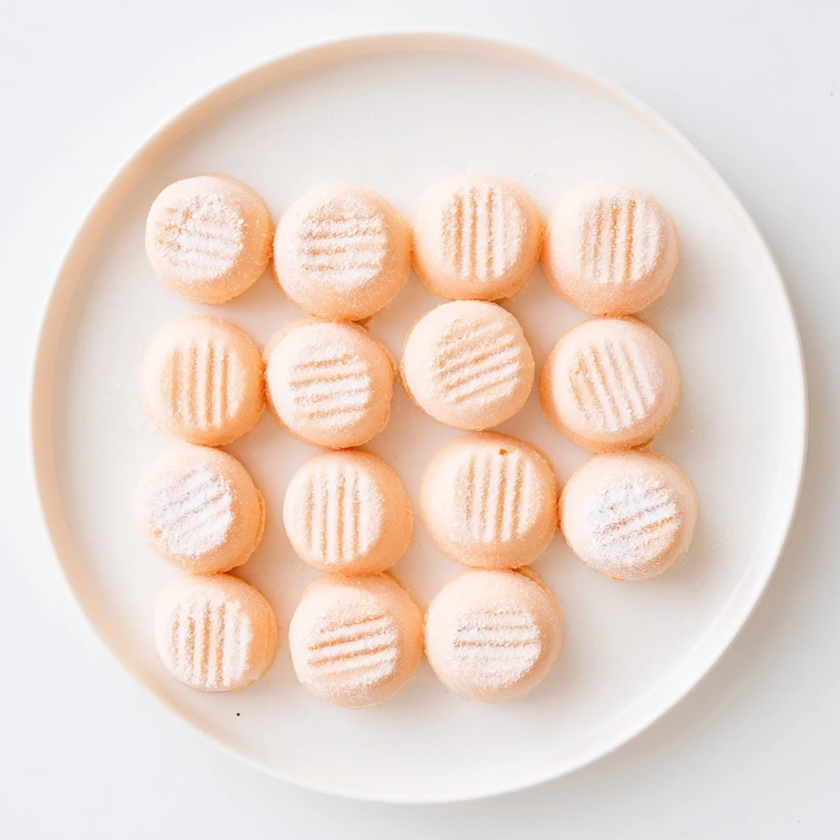 Golden orange cream cheese mints arranged on a white serving platter, dusted with powdered sugar