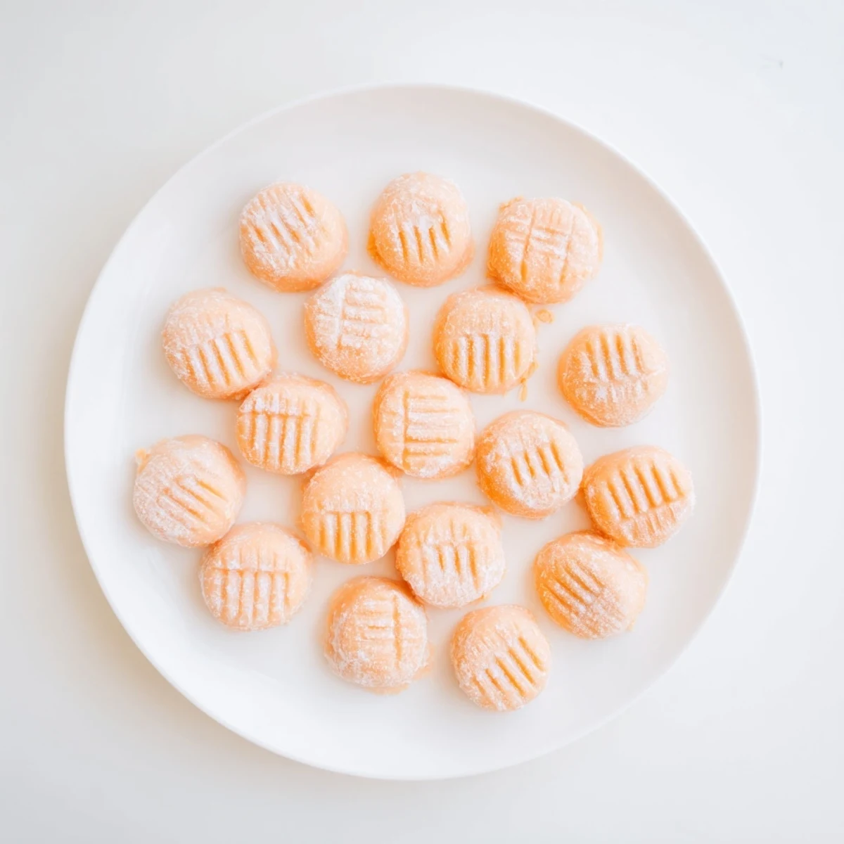 Close-up of homemade orange cream cheese mints with fork imprints, displayed on parchment paper