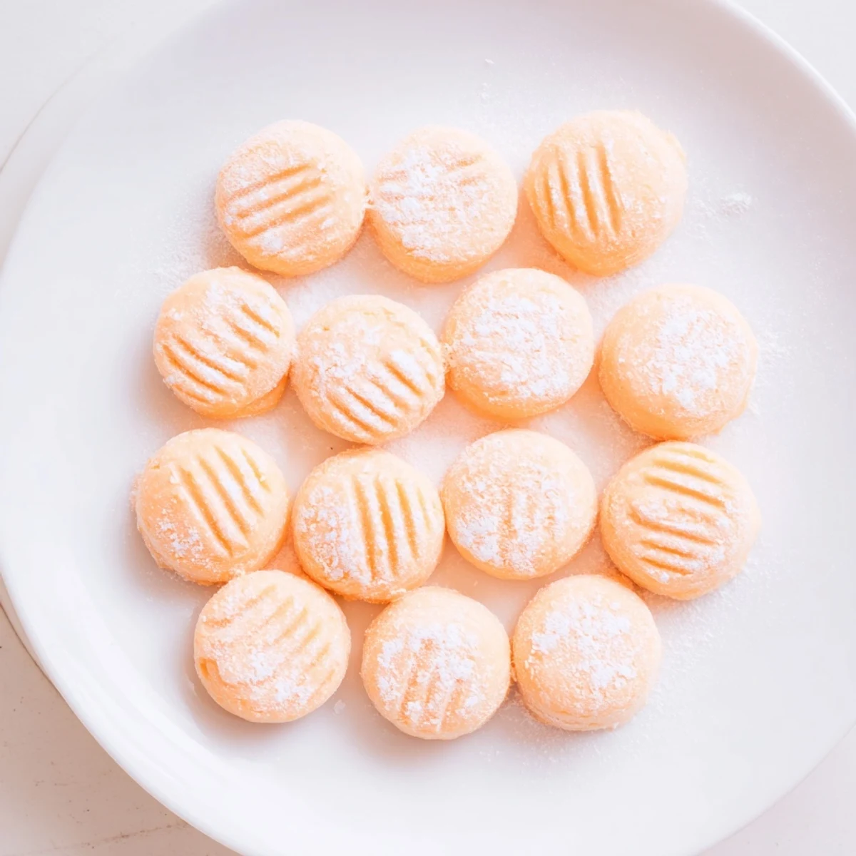 Soft orange cream cheese mints in decorative rows, showcasing their creamy texture and vibrant color