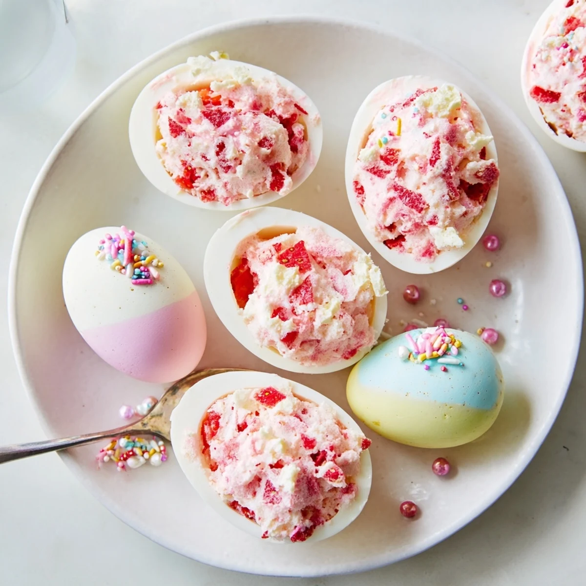 Strawberry Shortcake Easter Egg Bombs displayed on pastel platter with colorful sprinkles and gold leaf accents