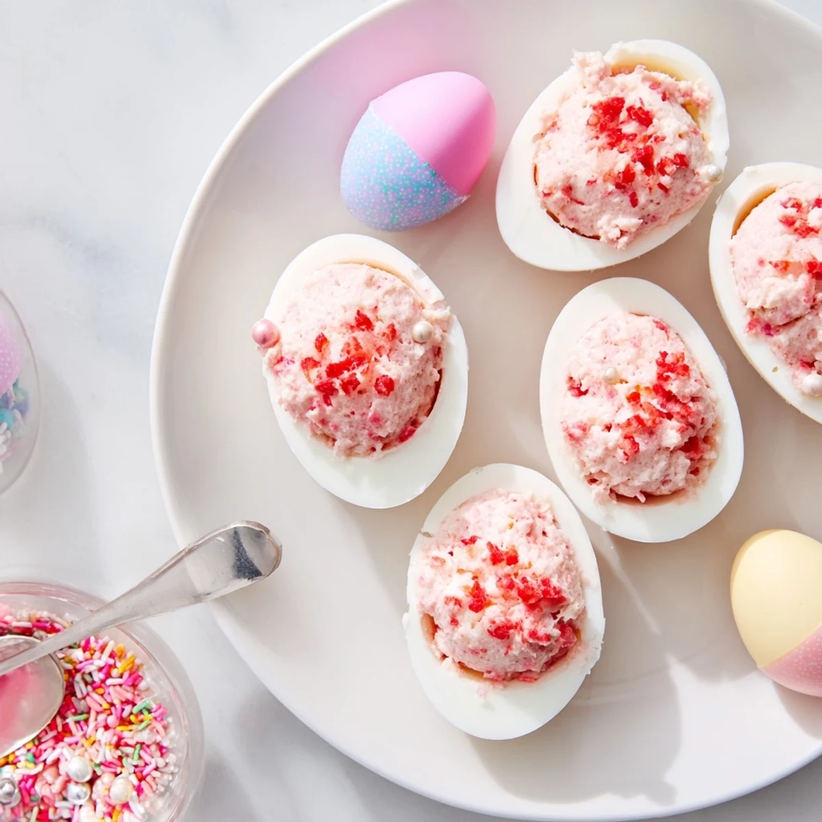White chocolate Easter eggs filled with creamy strawberry shortcake mixture and fresh chopped berries