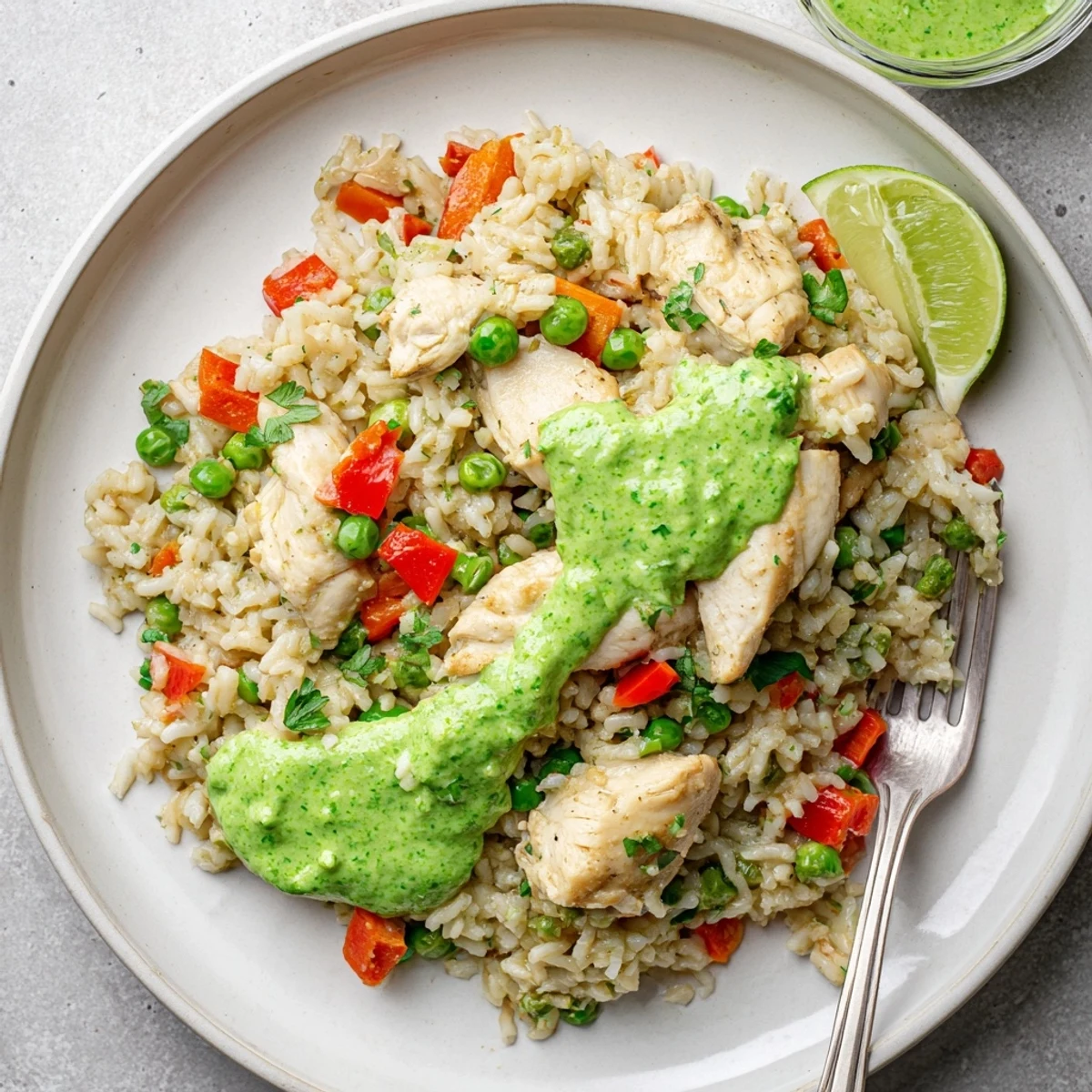 Golden seared chicken thighs nestled atop fluffy cilantro-infused rice with vibrant green peas and Peruvian chicken rice