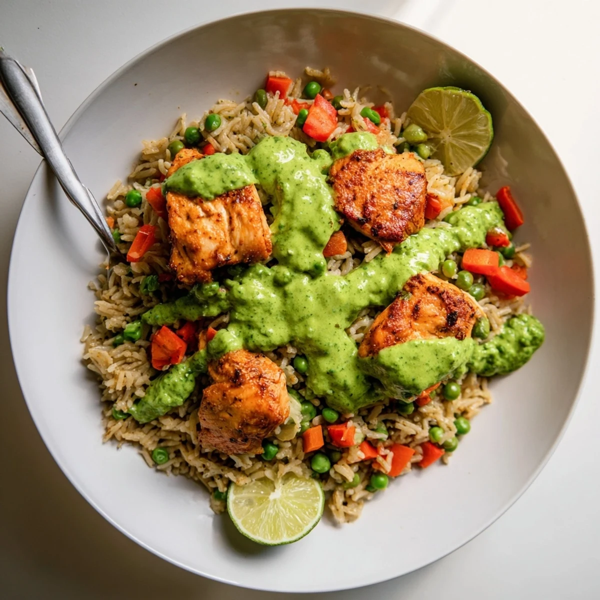 Steaming plate of Peruvian chicken rice topped with creamy green sauce, fresh cilantro, and zesty lime wedges