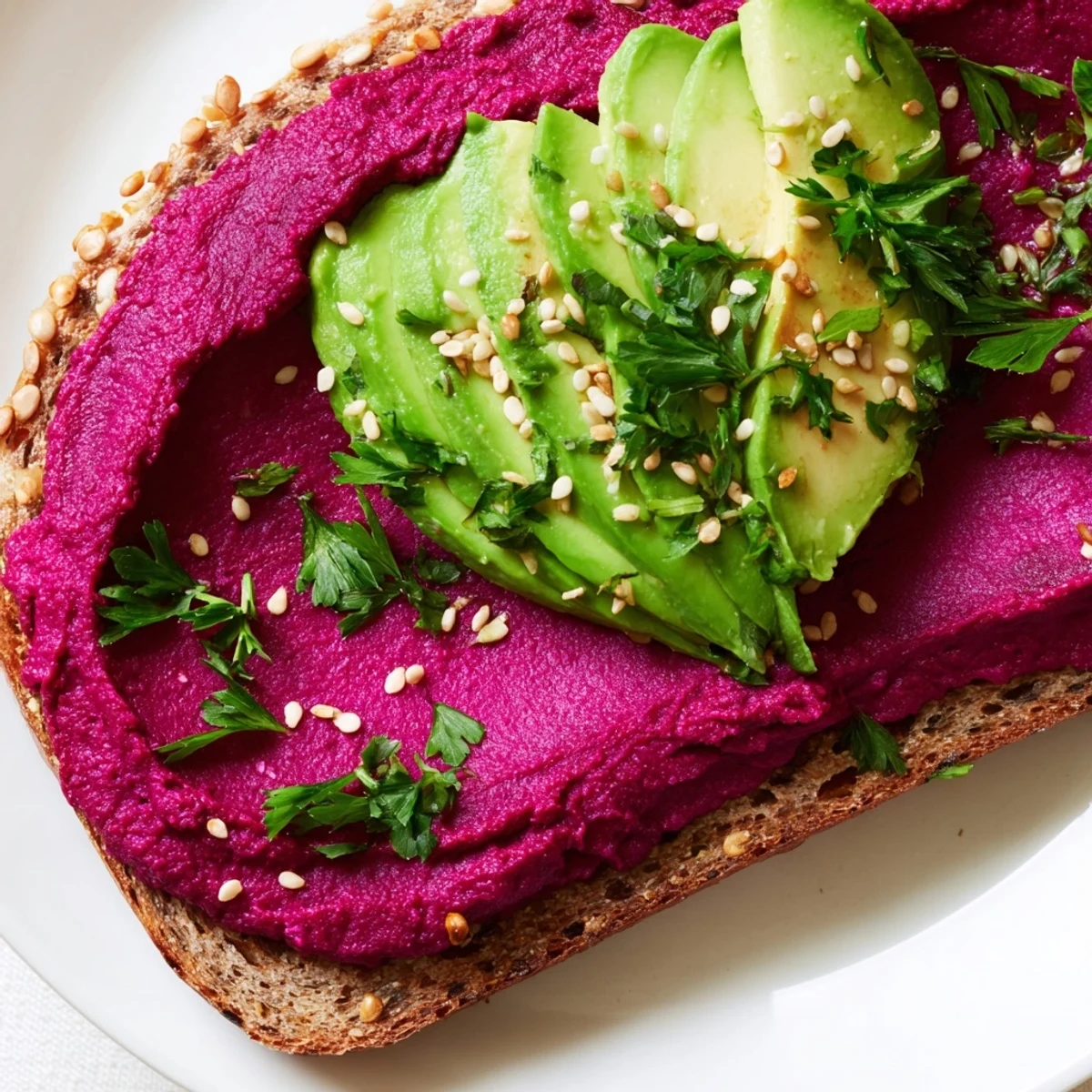Creamy avocado beet hummus spread on crispy bread topped with sliced ripe avocado