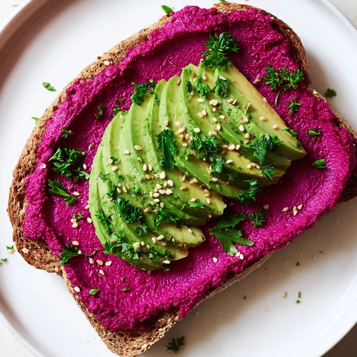 Golden toast layered with vibrant pink avocado beet hummus and fresh avocado slices