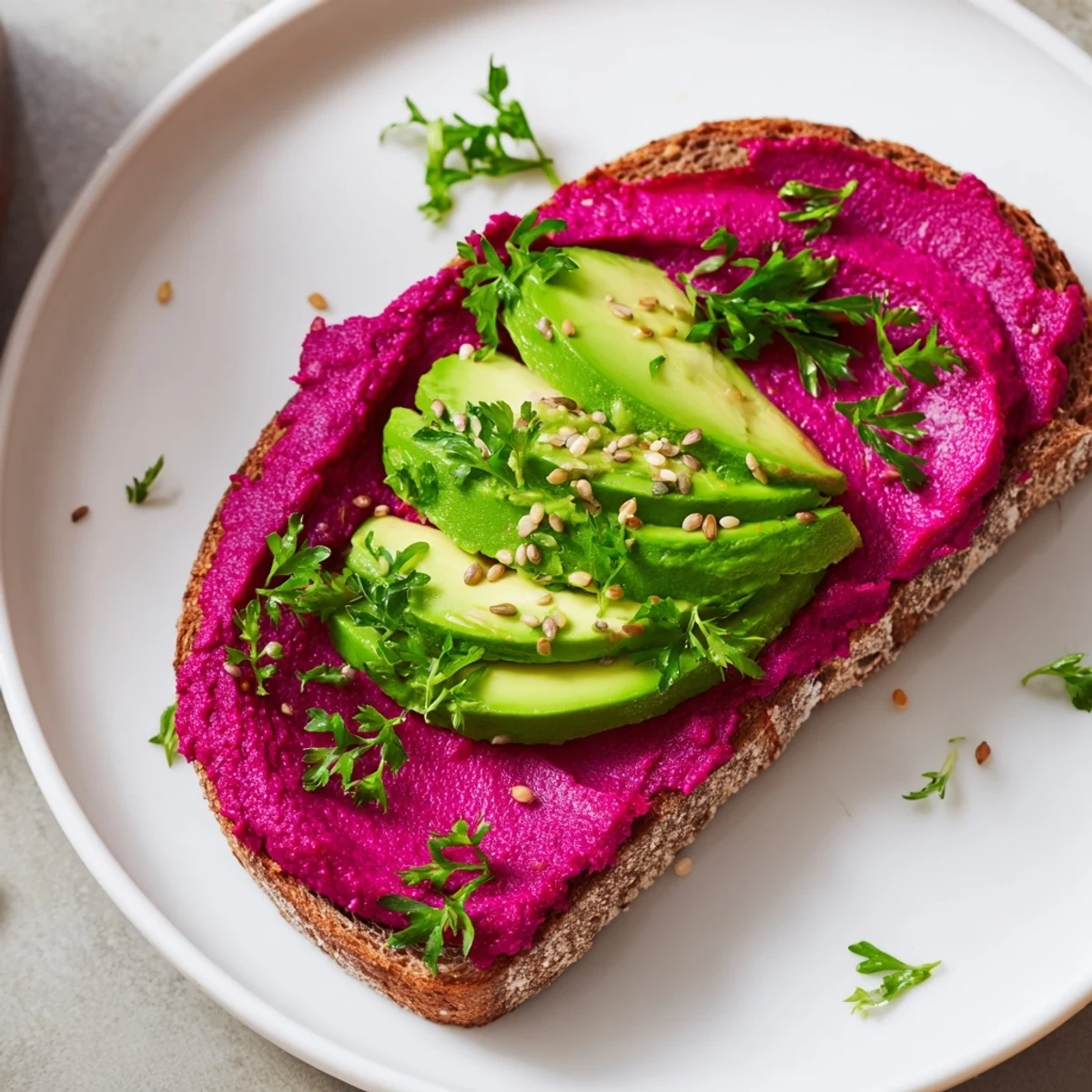 Open-faced toast featuring bright pink beet hummus with smooth avocado and garnish