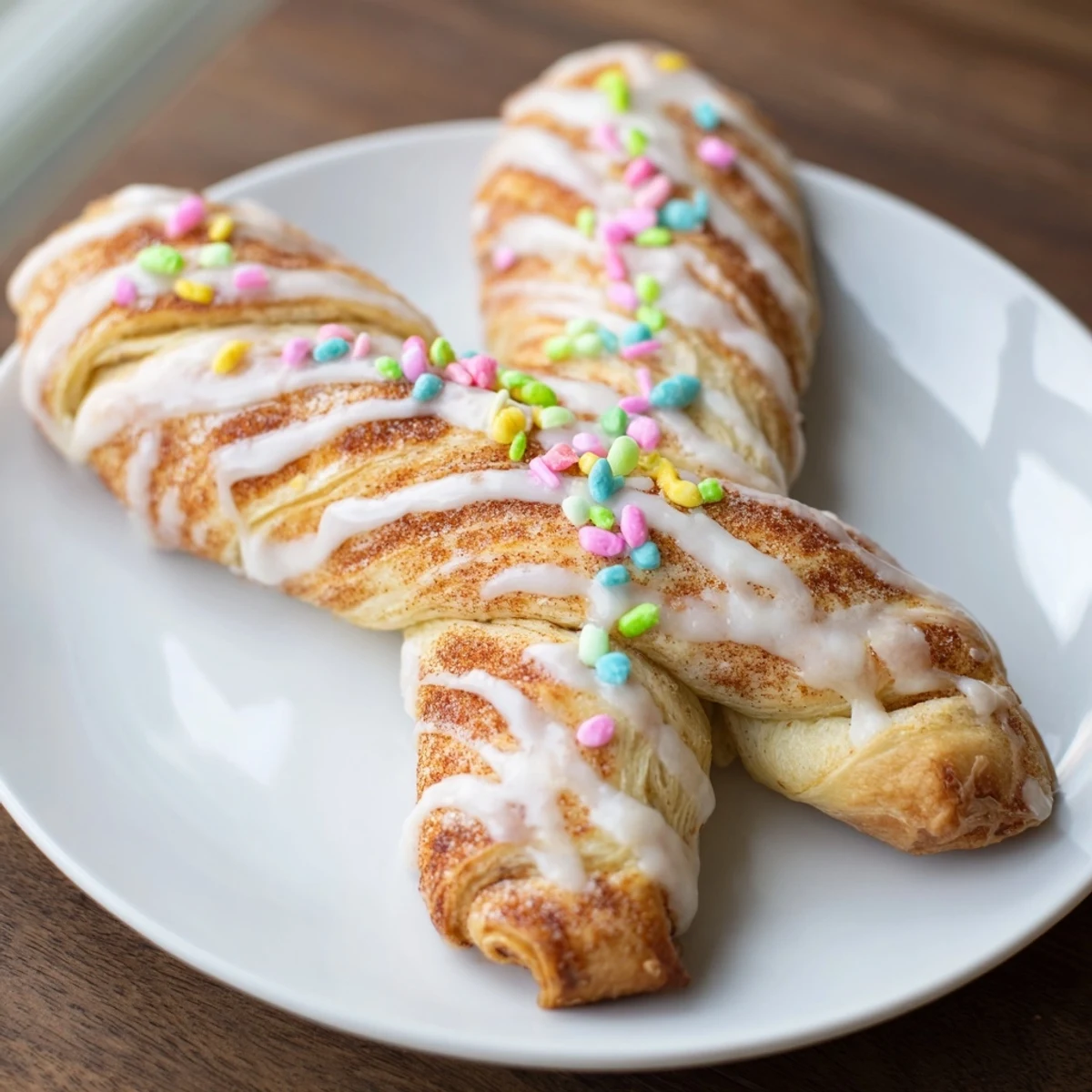 Warm freshly baked Easter Bunny Twists arranged on wooden serving board with pastel decorations