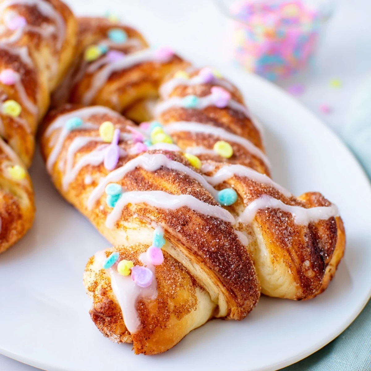 Fluffy puff pastry Easter Bunny Twists shaped like bunny ears with cinnamon sugar coating