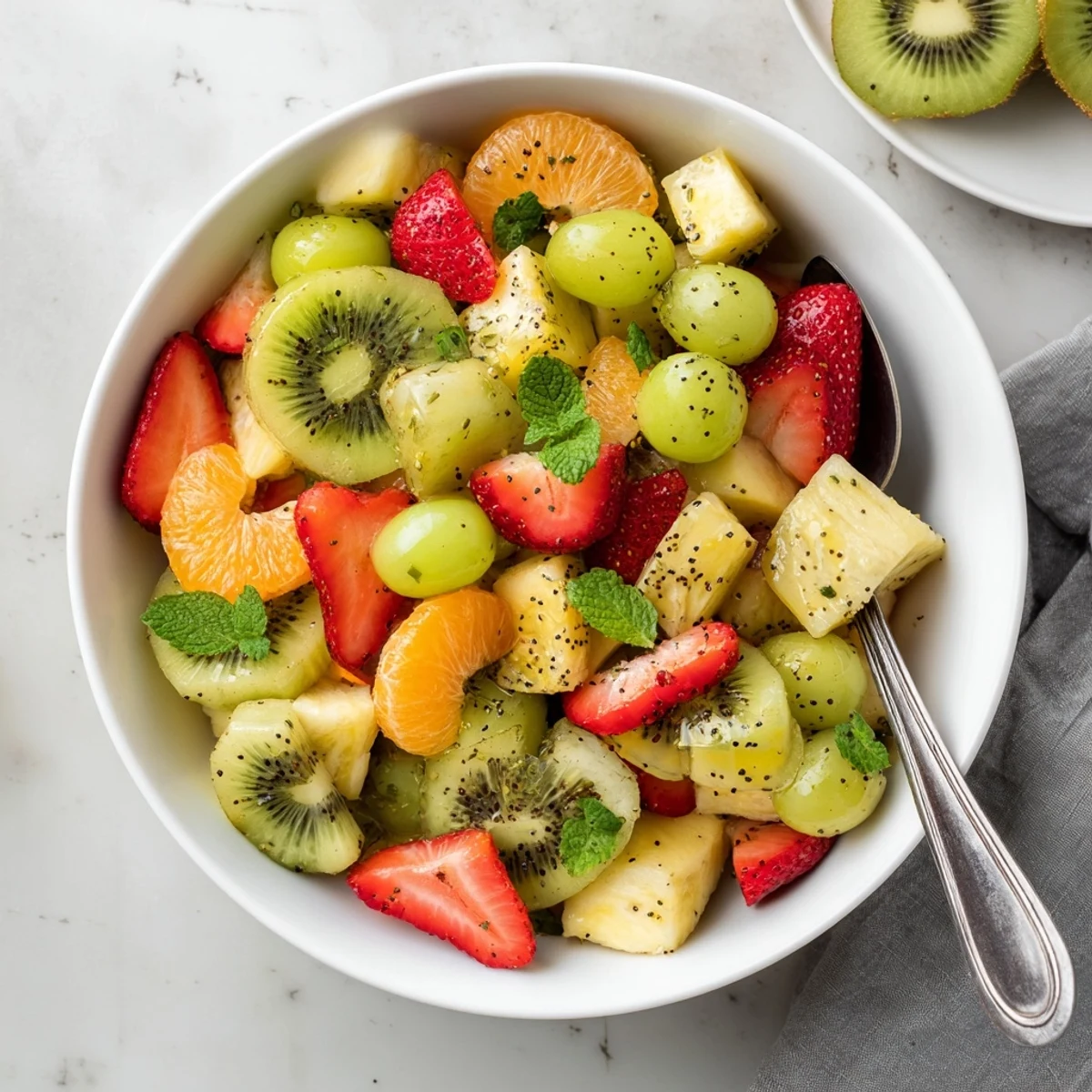 Colorful Easter fruit salad bowl overflowing with fresh strawberries, pineapple, kiwi, and blueberries garnished with mint