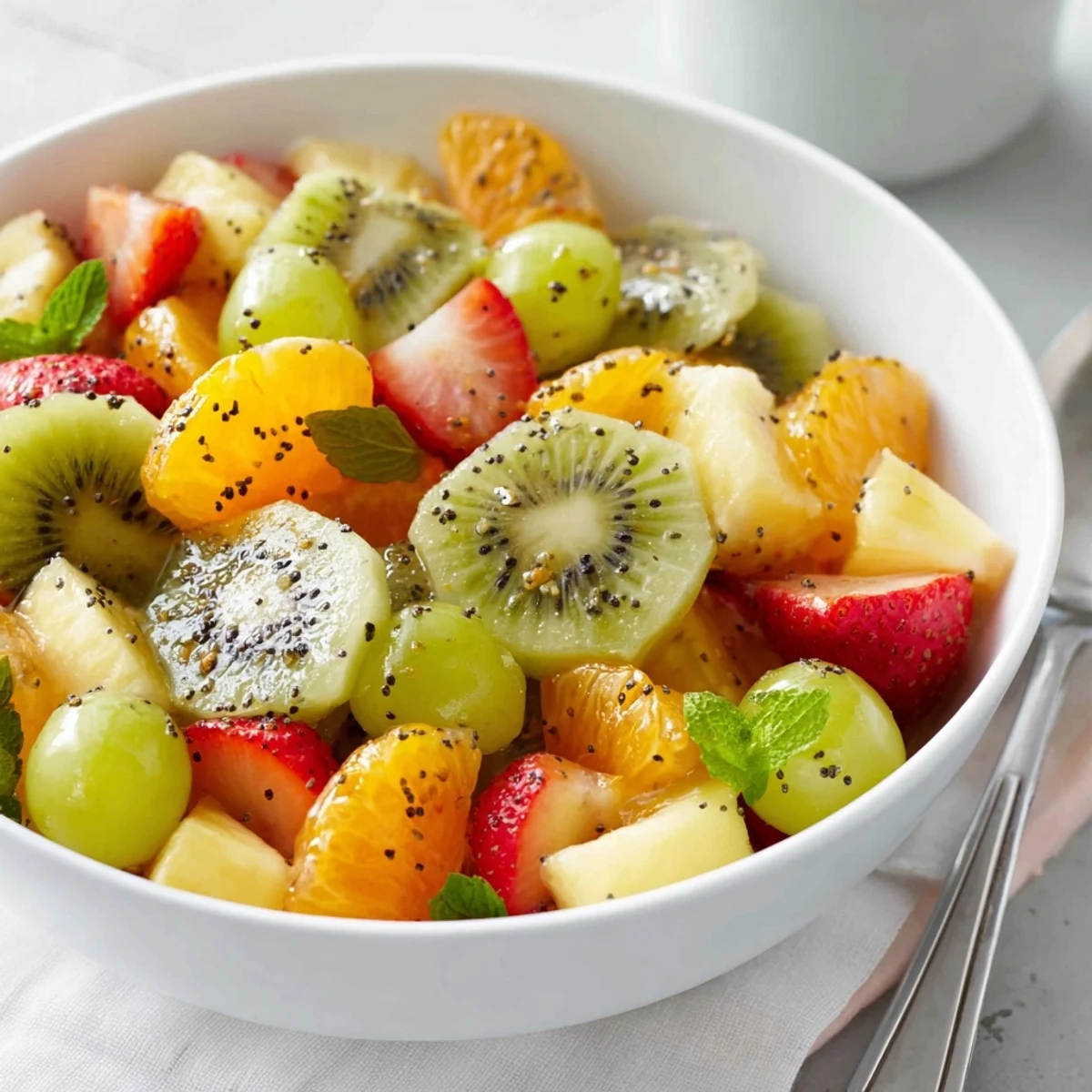 Vibrant Easter fruit salad displaying diced pineapple, grapes, mandarin oranges, and kiwi tossed in zesty lime dressing