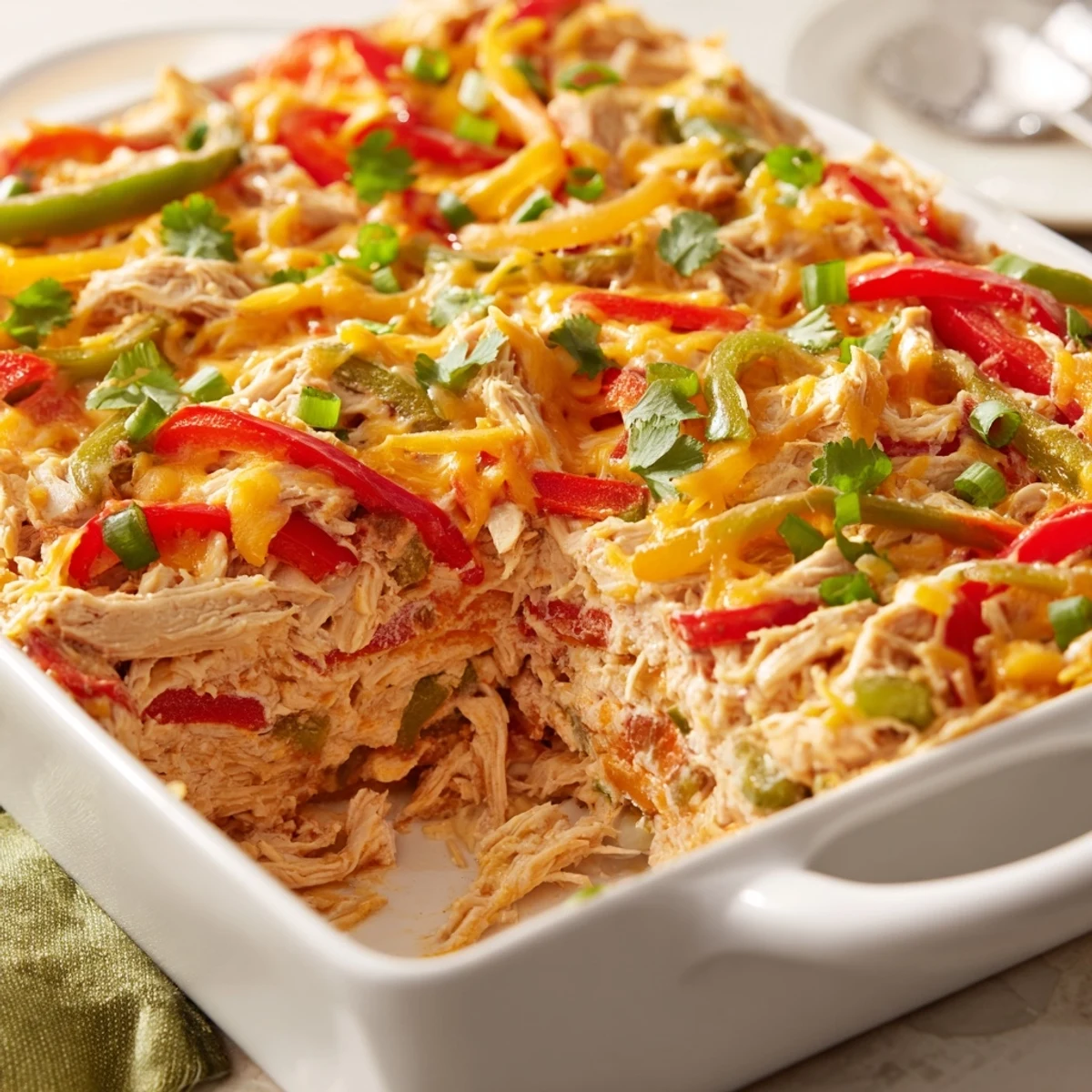 Golden cheesy chicken fajita casserole with melted cheese topping colorful peppers and onions