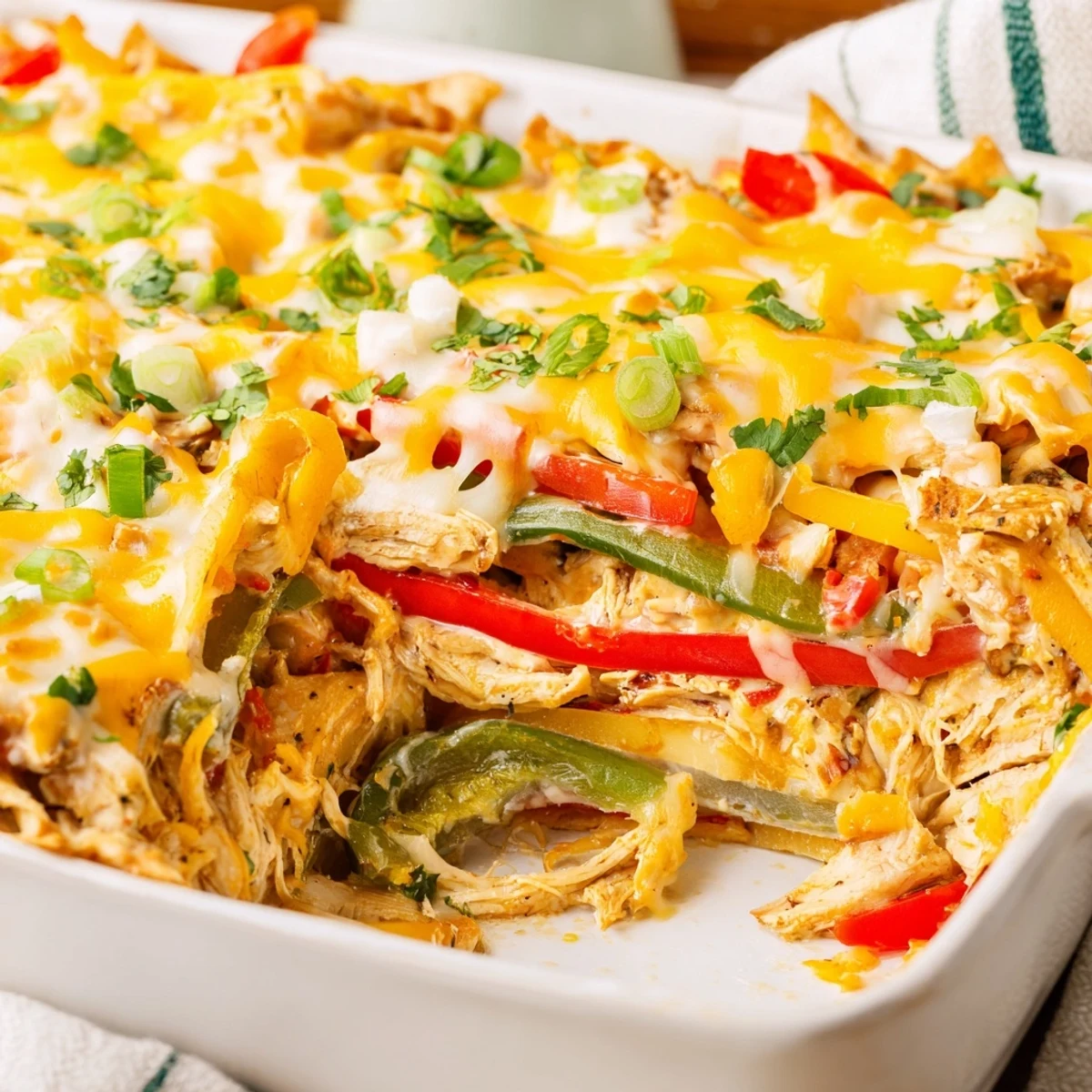 Creamy cheesy chicken fajita casserole fresh from the oven garnished with cilantro and green onions