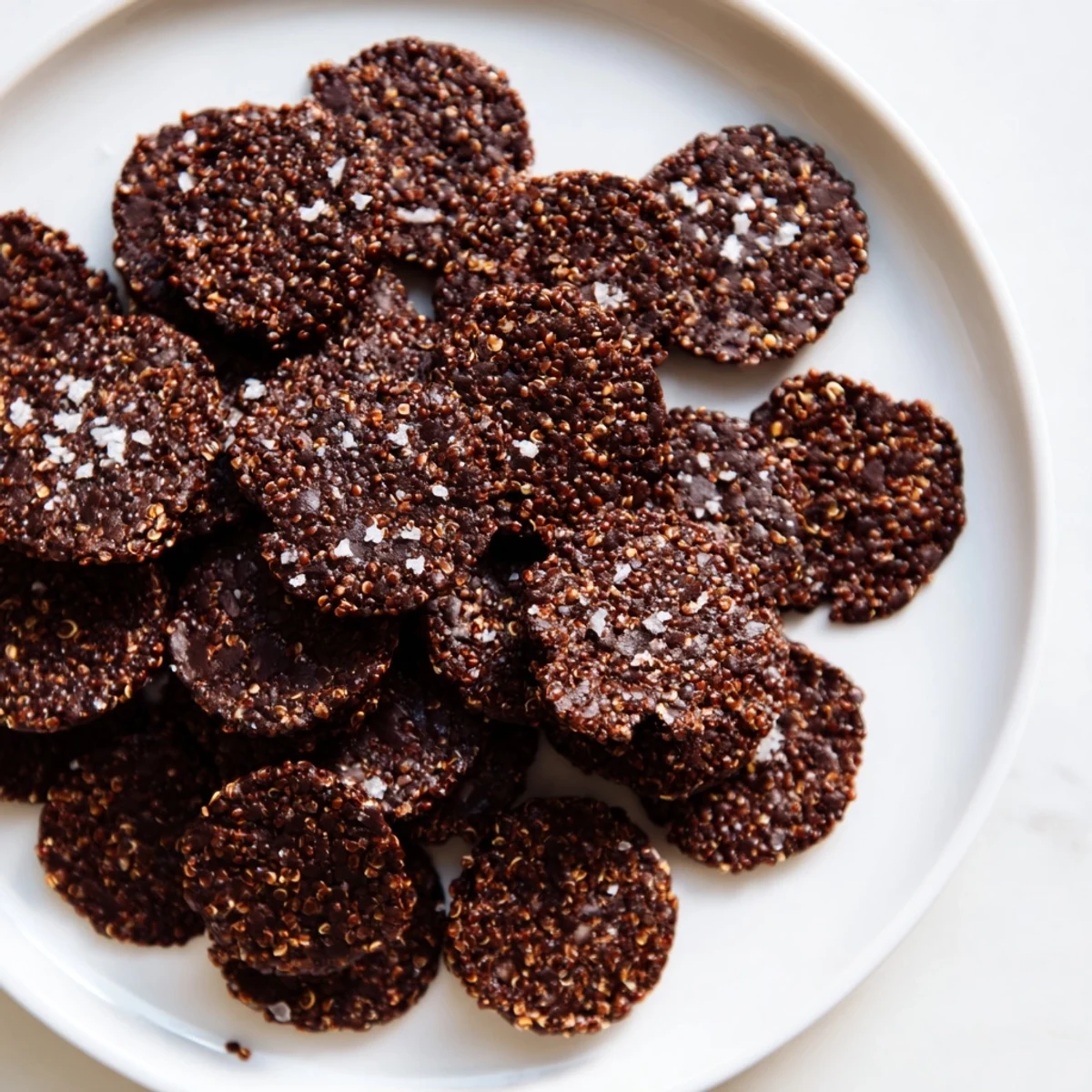Golden dark chocolate quinoa crisps sprinkled with sea salt on a white plate