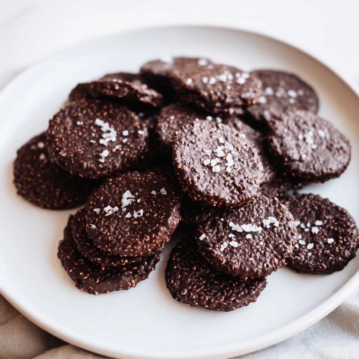 Glossy dark chocolate quinoa crisps topped with sea salt flakes on rustic wooden surface
