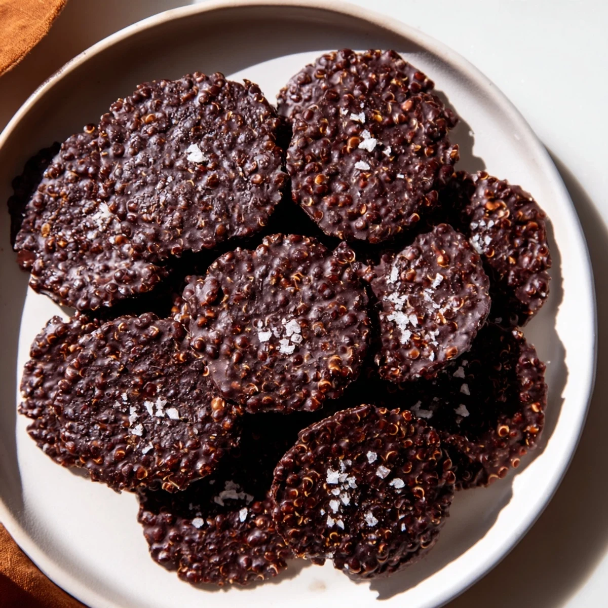 Bite-sized chocolate quinoa crisps arranged on marble with toasted quinoa visible throughout