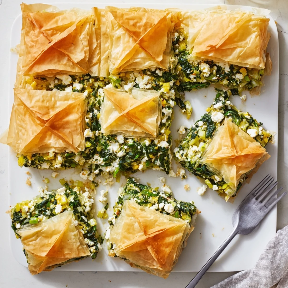 Golden authentic Greek spanakopita with flaky phyllo layers and spinach feta filling
