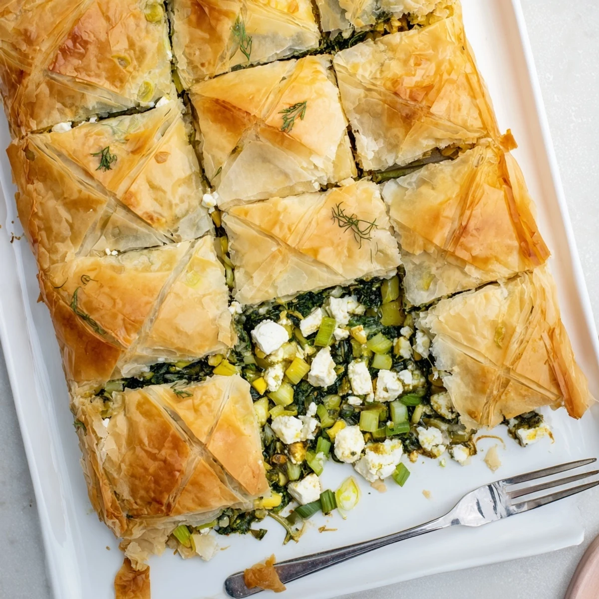Freshly baked authentic Greek spanakopita sliced into squares revealing vibrant green spinach filling