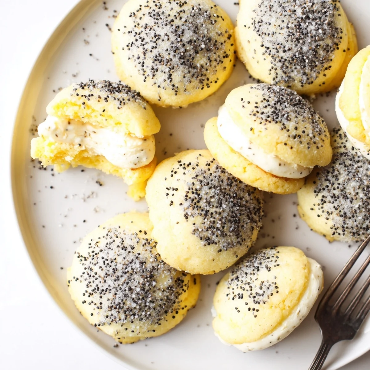 Golden Lemon Poppy Seed Cheesecake Cookies with creamy center and sparkling sugar coating
